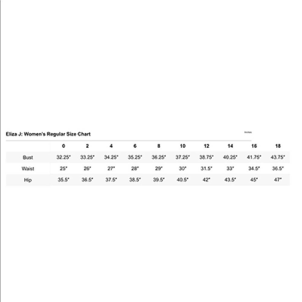 Sizing chart for ELIZA J NAVY DRESS ONLY